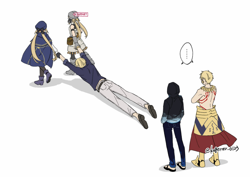 ..., 2girls, 3boys, armor, artoria_caster_(fate), artoria_caster_(first_ascension)_(fate), artoria_caster_(second_ascension)_(fate), artoria_pendragon_(fate), bag, black_hoodie, blonde_hair, blue_boots, blue_cape, blue_hat, blue_pants, boots, cape, commentary_request, crossed_arms, denim, dragging, dress, dual_persona, earrings, fate/grand_order, fate_(series), flip-flops, gameplay_mechanics, gilgamesh_(caster)_(fate), gilgamesh_(establishment)_(fate), gilgamesh_(fate), gloves, gold_earrings, gold_necklace, greaves, grey_boots, grey_dress, grey_pants, hat, highres, hood, hoodie, jeans, jewelry, knee_boots, moonlight_0423, multiple_boys, multiple_girls, necklace, oberon_(fate), oberon_(moody_summer_oberon)_(fate), oberon_(third_ascension)_(fate), pants, sandals, shared_speech_bubble, single_glove, sleeves_rolled_up, speech_bubble, spoken_ellipsis, topless_male, twintails, twitter_username