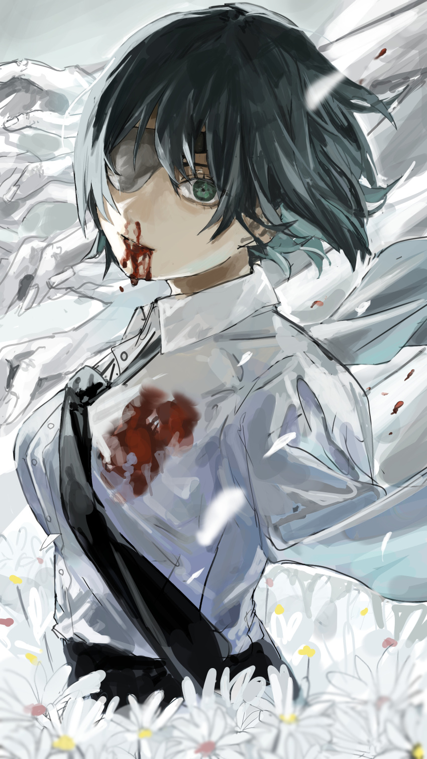 1girl, absurdres, amputee, black_hair, black_necktie, blood, blood_on_clothes, blood_on_face