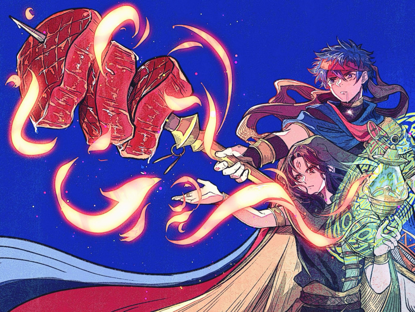 2boys, blue_background, blue_hair, cape, commentary, cooking, danannie, facial_mark