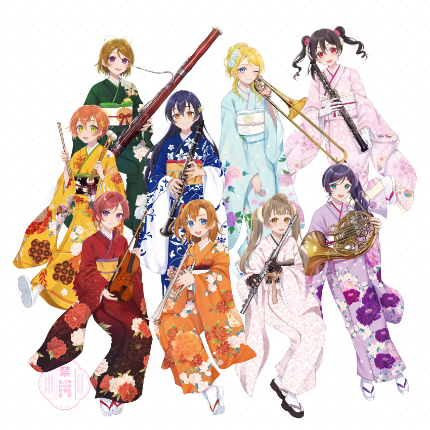 6+girls, :d, absurdres, ayase_eli, bassoon, black_hair, black_sandals, blonde_hair