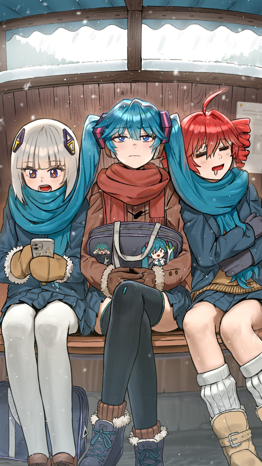 3girls, absurdres, ahoge, alternate_costume, bag_on_lap, black_boots, black_mittens, blue_eyes, blue_hair, blue_jacket, blue_skirt, blunt_bangs, blush, boots, brown_boots, brown_coat, brown_mittens, bus_stop, cellphone, cevio, coat, crossed_legs, diamond_hair_ornament, drill_hair, drooling, feet_out_of_frame, frown, furrowed_brow, girl_sandwich, hair_ornament, hair_scarf, hatsune_miku, highres, holding, holding_phone, jacket, kafu_(cevio), kamitsubaki_studio, kasane_teto, leg_warmers, long_hair, long_sleeves, looking_at_phone, looking_at_viewer, mire_esan, mittens, multicolored_eyes, multiple_girls, open_mouth, own_hands_together, pantyhose, phone, pleated_skirt, red_eyes, red_hair, red_scarf, sandwiched, scarf, school_uniform, skirt, sleeping, smartphone, smile, snowing, taking_shelter, twin_drills, twintails, utau, very_long_hair, vocaloid, white_hair, white_pantyhose, winter_clothes, yellow_pupils