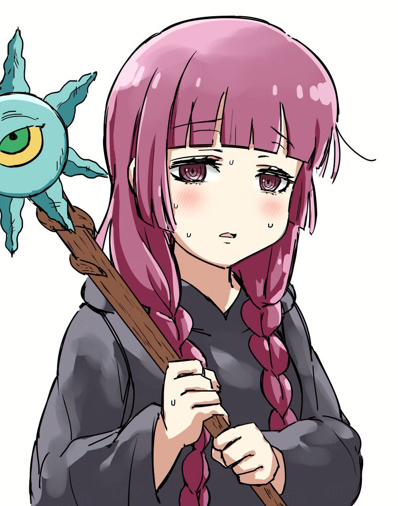 1girl, black_robe, blunt_bangs, blush, bocchi_the_rock!, braid, cosplay, furrowed_brow