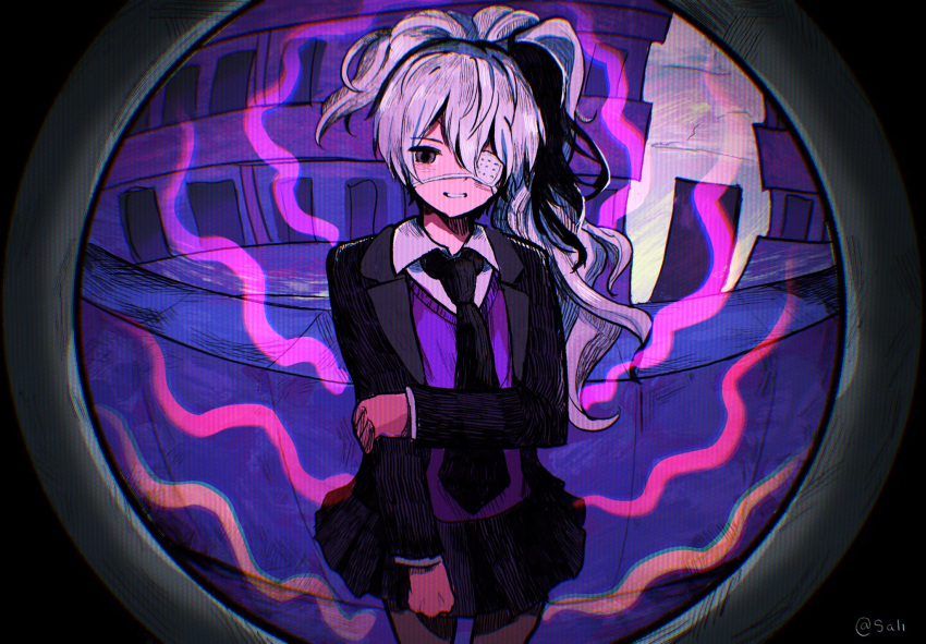 1girl, apartment, arm_at_side, artist_name, black_hair, black_jacket, black_necktie, black_skirt