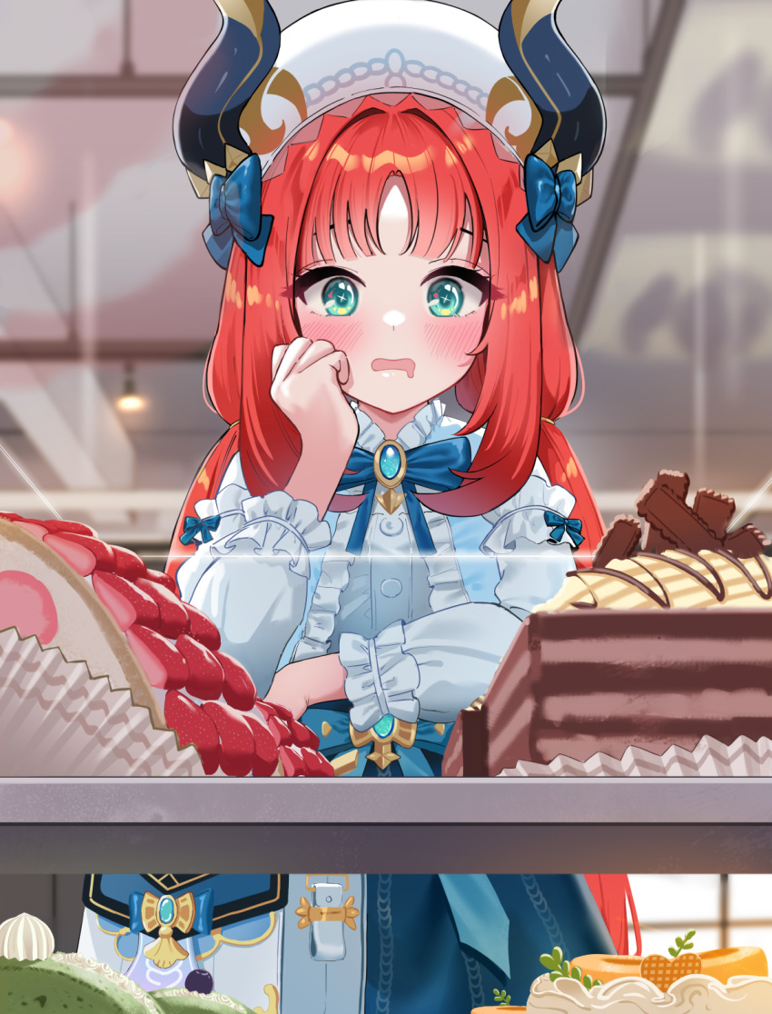 1girl, aqua_eyes, blue_bow, blue_dress, blue_gemstone, blush, bow, cake