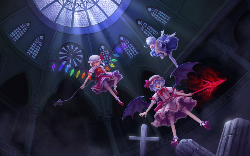 bat_wings, blonde_hair, bloomers, blue_eyes, blue_hair, flandre_scarlet, glowing, glowing_eyes