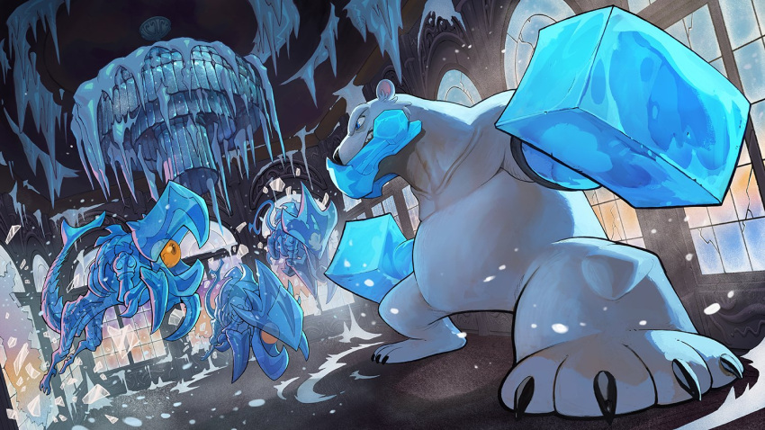 1boy, animal_ears, bear, bear_boy, bear_ears, claws, english_commentary, etalus_(rivals_of_aether), furry, furry_male, garrett_hanna, hammer, ice, looking_at_another, male_focus, monster, official_art, polar_bear, rivals_of_aether, weapon_tied_to_hand, white_fur
