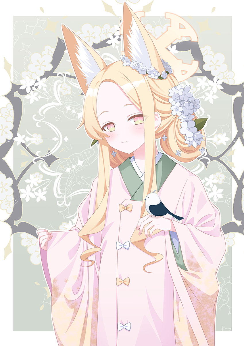 1girl, alternate_costume, alternate_hairstyle, animal_ear_fluff, animal_ears, bird, bird_on_hand, blue_archive, blush, bright_pupils, closed_mouth, commentary_request, cowboy_shot, ear_wreath, eko, extra_ears, fingernails, floral_background, flower, flower_wreath, forehead, fox_ears, fox_girl, furisode, green_background, hair_bun, hair_flower, hair_ornament, hands_up, highres, japanese_clothes, kanzashi, kimono, long_sleeves, looking_at_viewer, paid_reward_available, parted_bangs, pink_eyes, pink_kimono, seia_(blue_archive), sidelocks, simple_background, single_hair_bun, smile, solo, two-tone_eyes, white_flower, white_pupils, widge, yellow_eyes