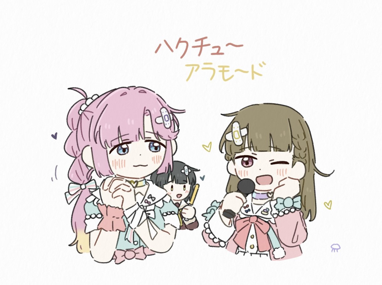 3girls, :3, :d, ;d, ahoge, anyoji_hime, aqua_dress, bandaid