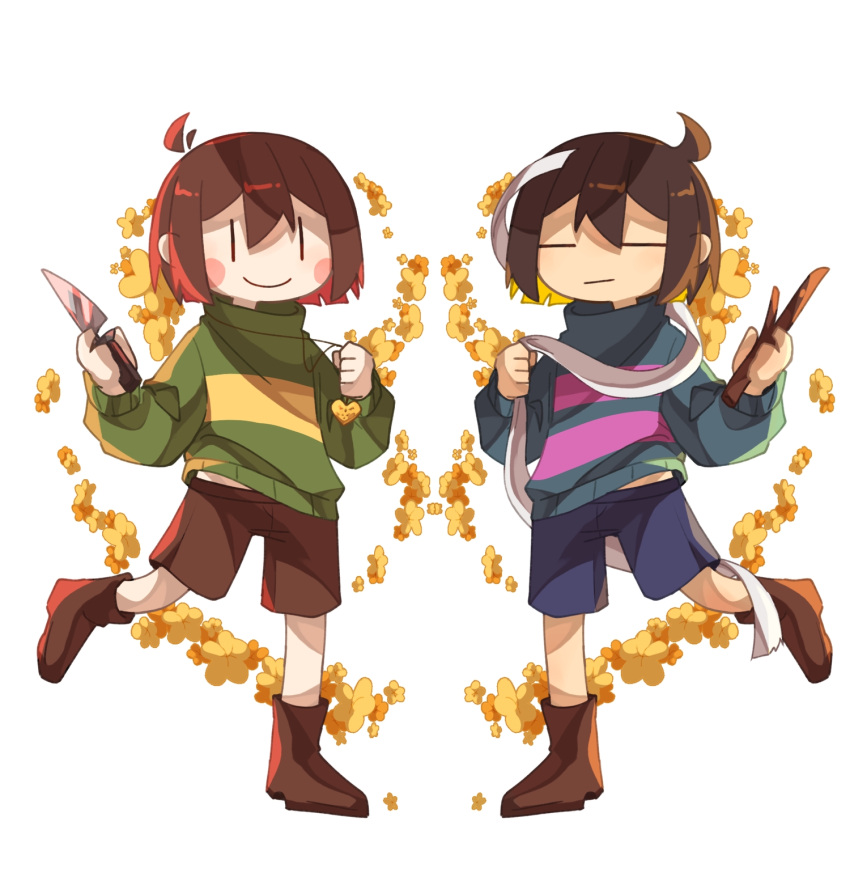 2others, blue_sweater, blush_stickers, brown_shoes, chara_(undertale), closed_mouth, collared_sweater, flower
