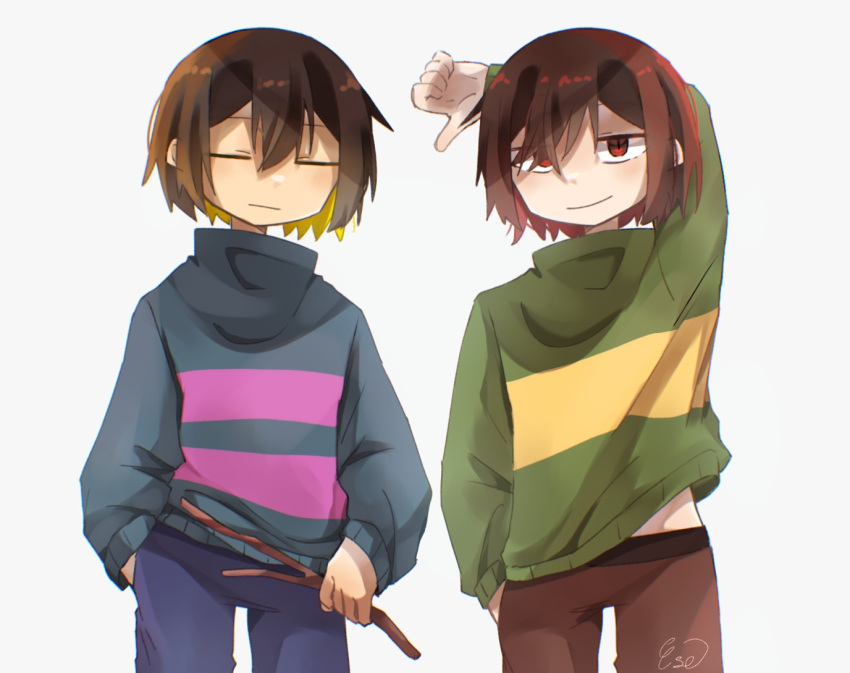 2others, blue_sweater, chara_(undertale), closed_mouth, collared_sweater, frisk_(undertale), green_sweater, holding