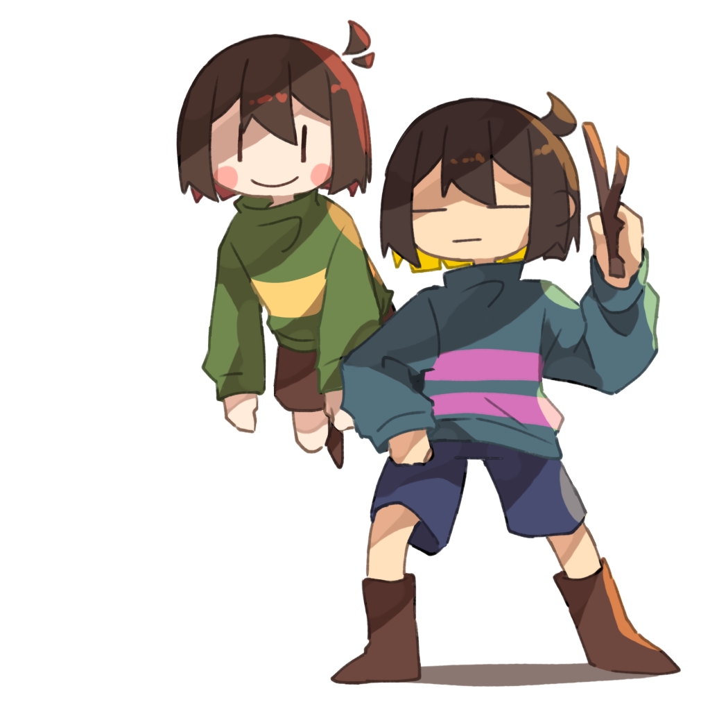 2others, antenna_hair, blue_shorts, blue_sweater, blush_stickers, brown_shorts, chara_(undertale), closed_mouth