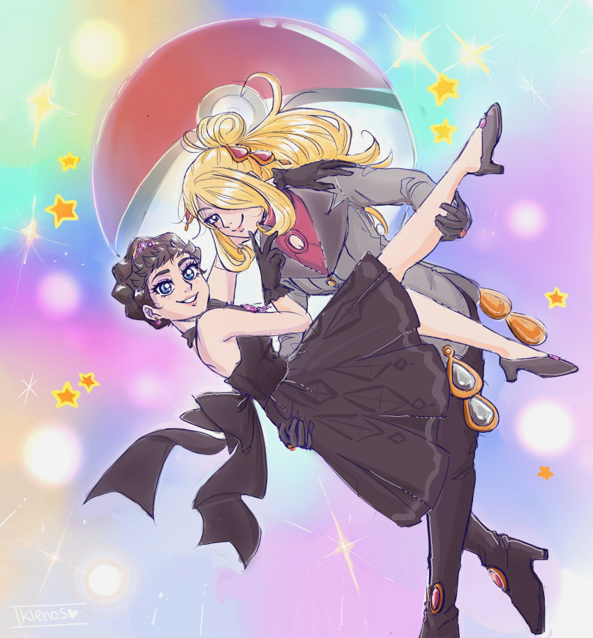 2girls, absurdres, black_dress, black_gloves, black_pants, blonde_hair, blue_eyes, brown_hair