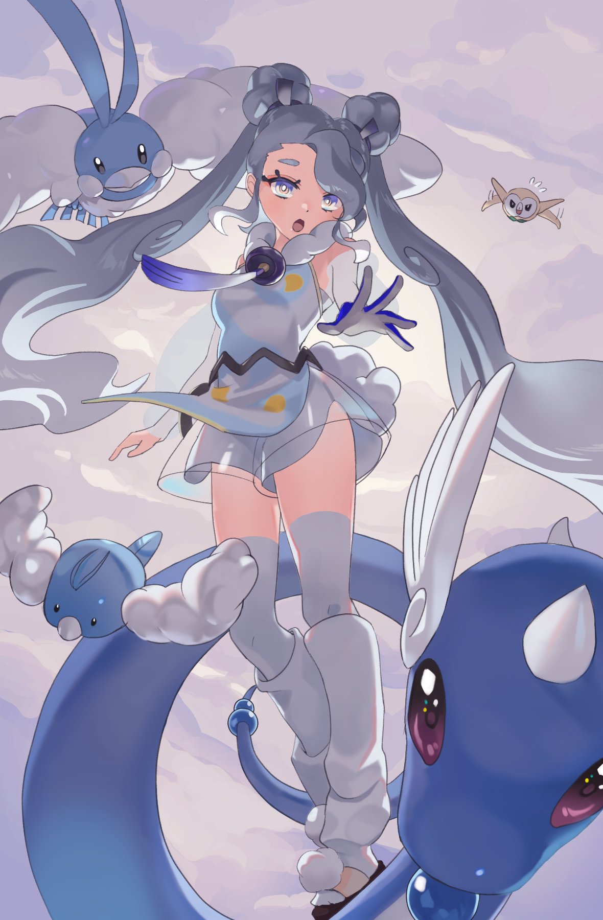 1girl, :o, altaria, beak, blue_eyes, clouds, cloudy_sky, detached_sleeves
