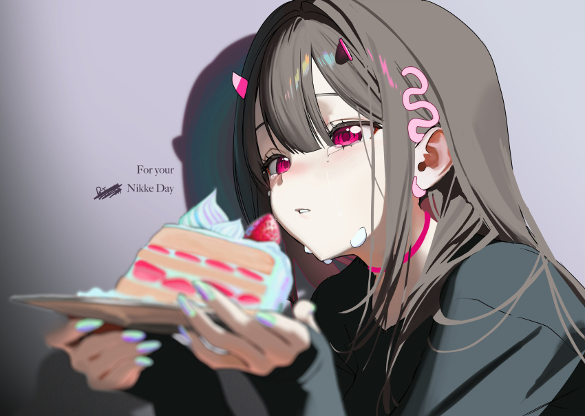 1girl, alternate_hair_color, aqua_nails, birthday, black_hair, black_shirt, blurry, blurry_foreground