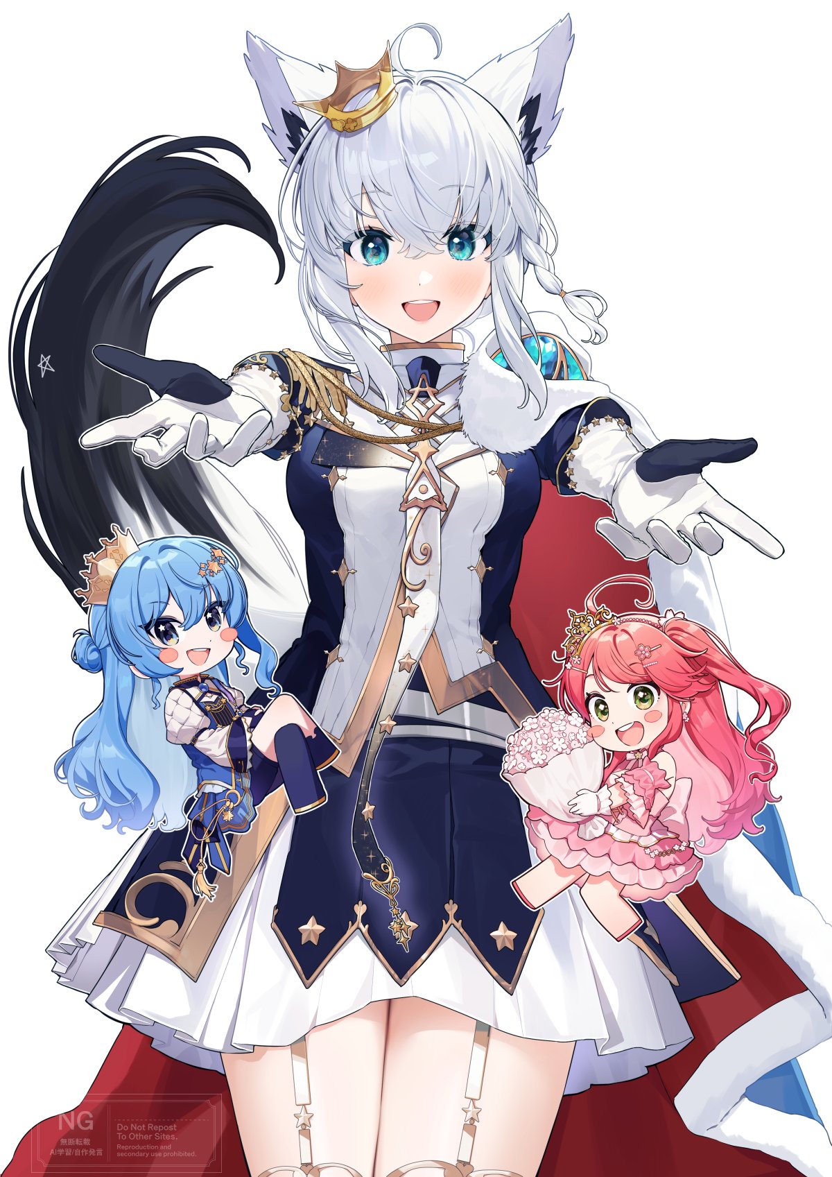 14_(vision5032), 3girls, ahoge, aiguillette, animal_ear_fluff, animal_ears, aqua_eyes, blue_dress