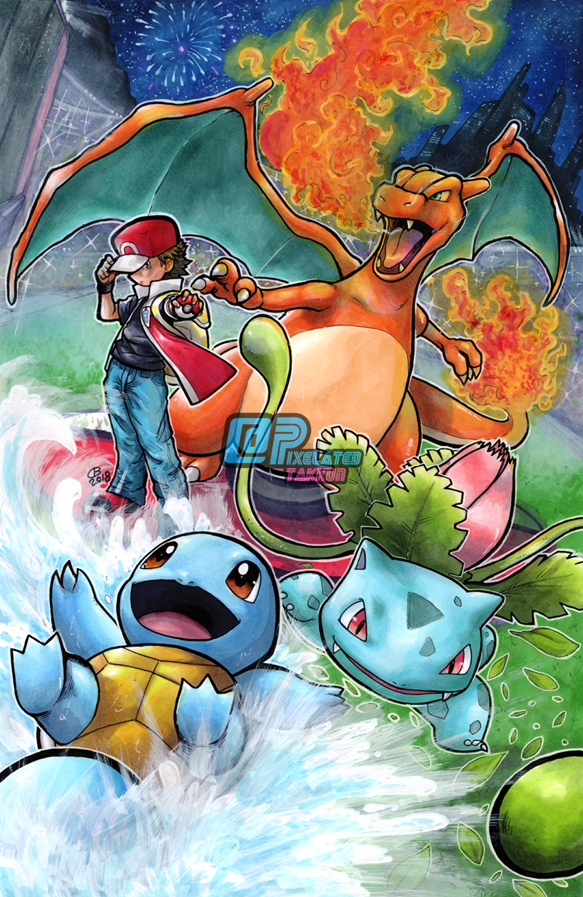 1boy, black_hair, black_shirt, blue_pants, breath_weapon, breathing_fire, brown_hair, charizard