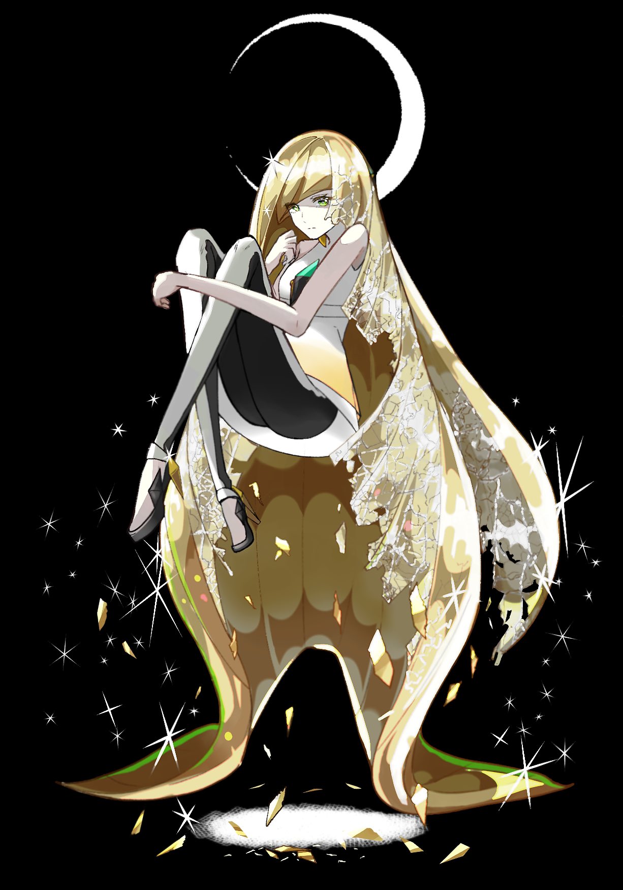 1girl, bare_shoulders, black_background, black_leggings, blonde_hair, breasts, crescent, crystal_hair, diamond_(shape), dress, full_body, gem, green_eyes, green_gemstone, hair_over_one_eye, high_heels, highres, leggings, long_hair, looking_at_viewer, lusamine_(pokemon), pokemon, pokemon_sm, simple_background, sitting, sleeveless, sleeveless_dress, small_breasts, solo, ssn_(sasa8u9r), two-tone_leggings, very_long_hair, white_dress, white_leggings
