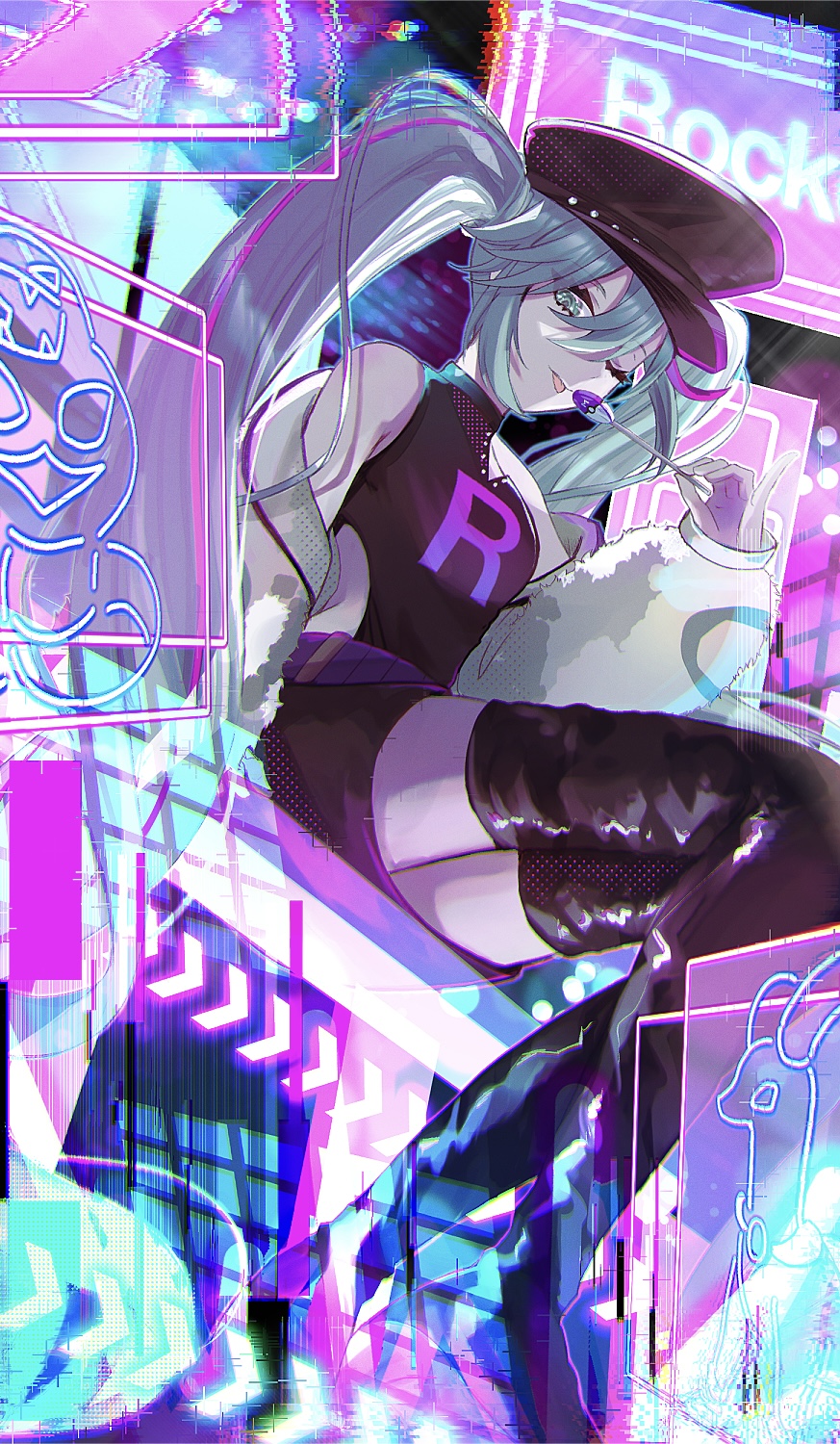 1girl, :p, aqua_eyes, aqua_hair, bare_shoulders, black_hat, black_shirt, black_skirt, black_thighhighs, boots, breasts, candy, coat, food, full_body, fur_coat, hat, hatsune_miku, highres, lollipop, long_hair, looking_at_viewer, one_eye_closed, party_rock_eternity_(vocaloid), pokemon, project_voltage, shirt, sitting, skirt, small_breasts, solo, ssn_(sasa8u9r), team_rocket, thigh-highs, thigh_boots, tongue, tongue_out, twintails, very_long_hair, vocaloid, white_coat