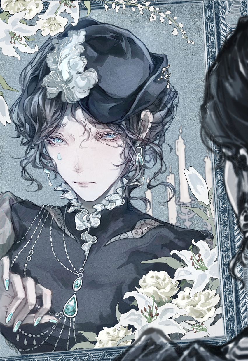 1girl, absurdres, black_hair, black_hat, black_shirt, border, candle, chinese_commentary