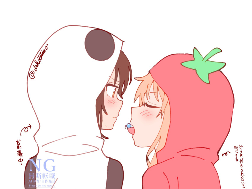 2girls, animal_costume, animal_hood, arrow_(symbol), blonde_hair, blush, brown_hair, closed_eyes