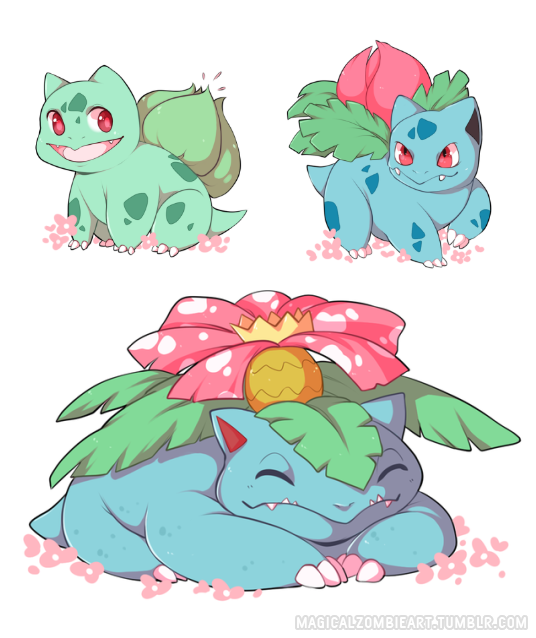animal_focus, bulbasaur, claws, closed_eyes, commentary, english_commentary, evolutionary_line, fangs, full_body, ivysaur, no_humans, nostrils, open_mouth, pokemon, pokemon_(creature), red_eyes, simple_background, sleeping, studiomaz, venusaur, white_background
