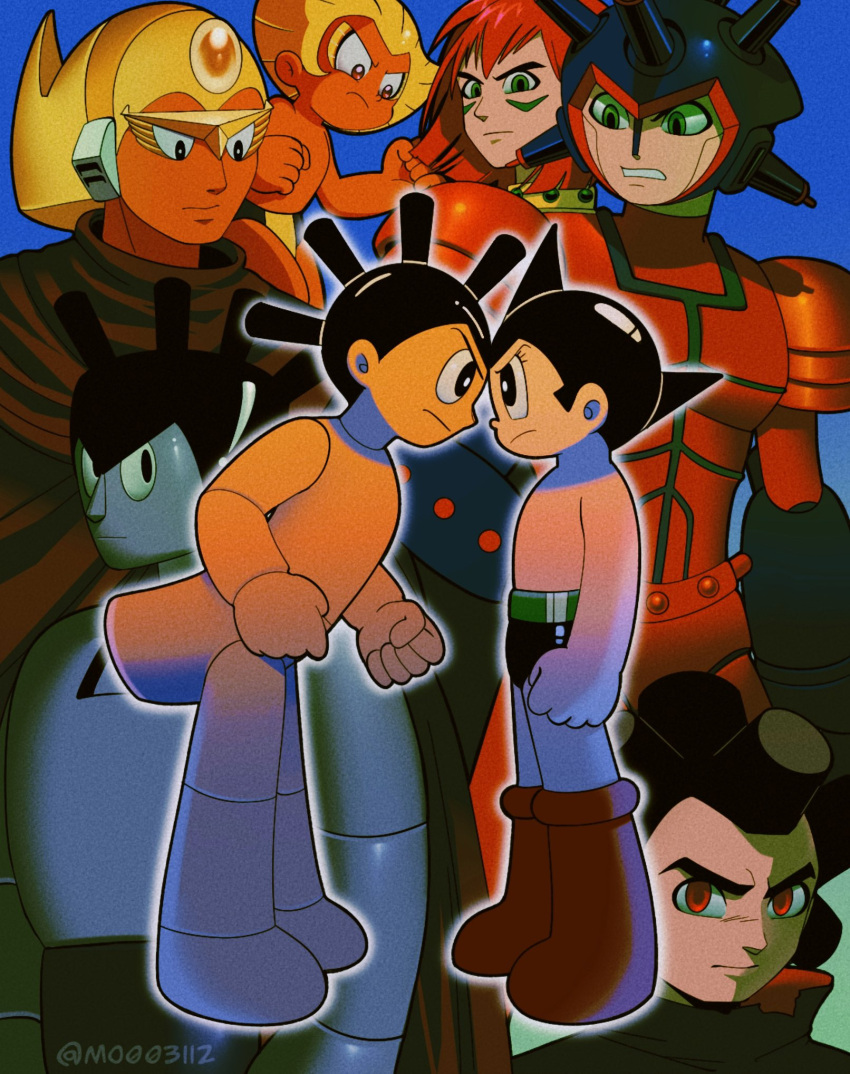 2boys, android, angry, atlas_(tetsuwan_atom), atom_(tetsuwan_atom), black_hair, blonde_hair, blue_background