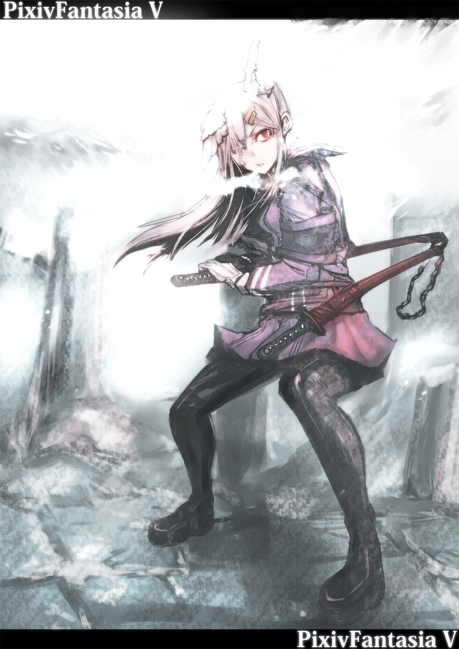 animal_ears, commentary_request, fog, fox_ears, glaring, hair_ornament, hairclip, heizen_(sigama), highres, long_hair, pantyhose, pixiv_fantasia, pixiv_fantasia_5, pleated_skirt, ready_to_draw, red_hair, redhead, scar, sigama, sigma_(artist), skirt, solo, sword, weapon