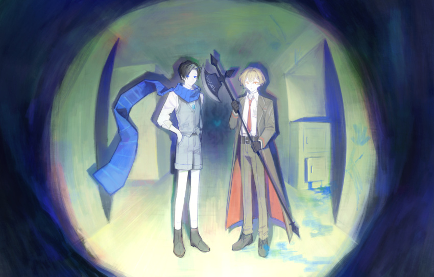 2boys, belt, belt_buckle, black_belt, black_gloves, black_hair, black_shoes, blonde_hair