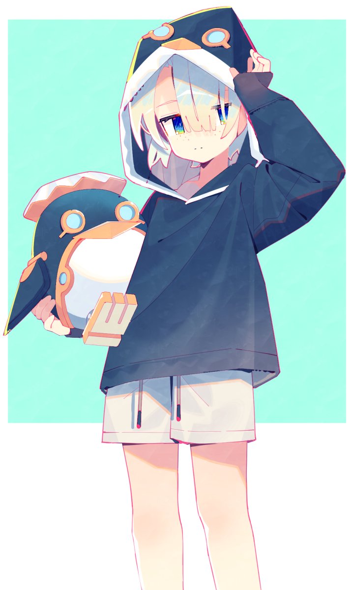 1boy, alternate_costume, animal_hood, aoi_tsuyu, arm_up, black_hoodie, blonde_hair, blue_eyes