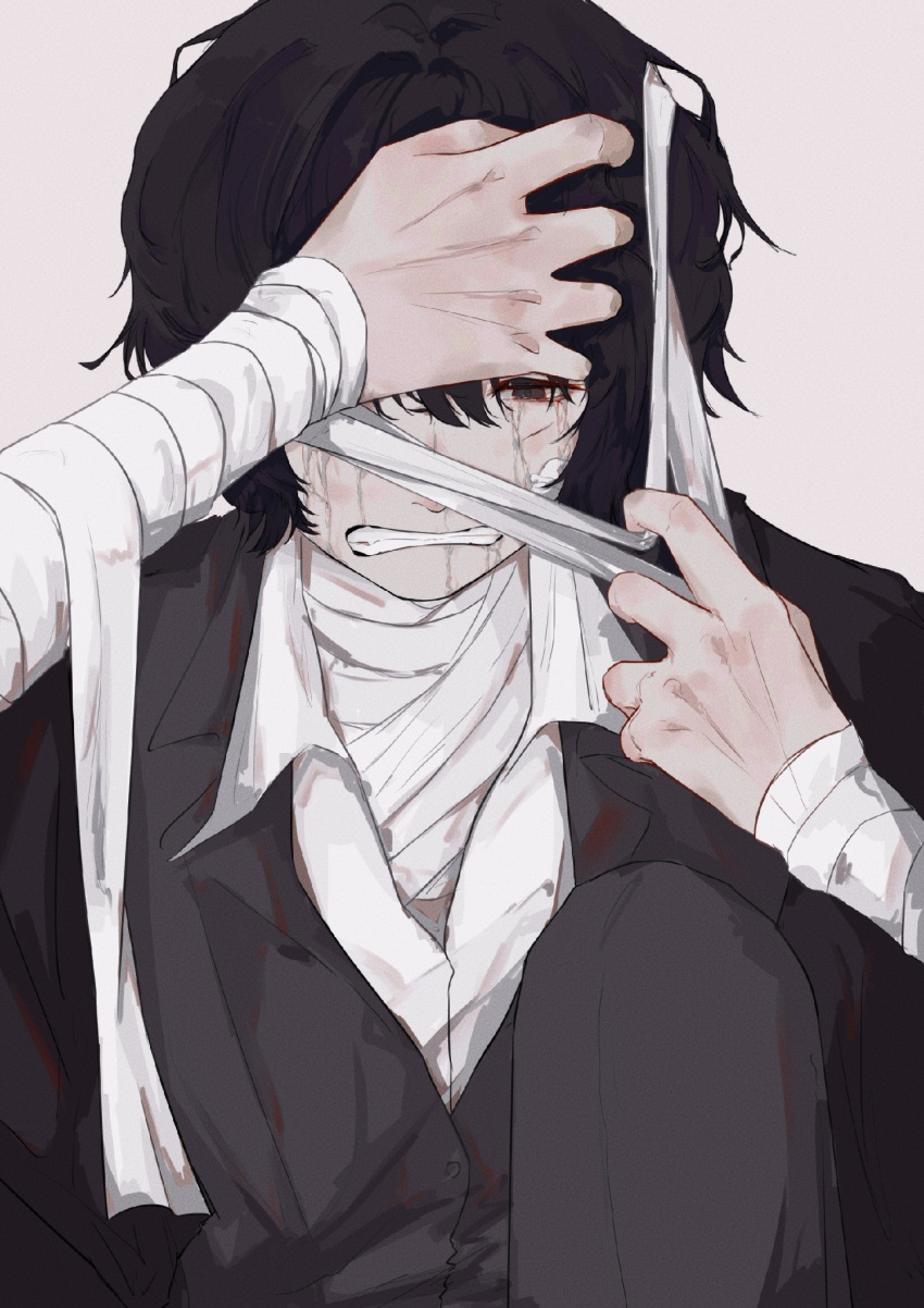 1boy, bandage_on_face, bandaged_arm, bandaged_head, bandaged_neck, bandages, black_eyes, black_hair