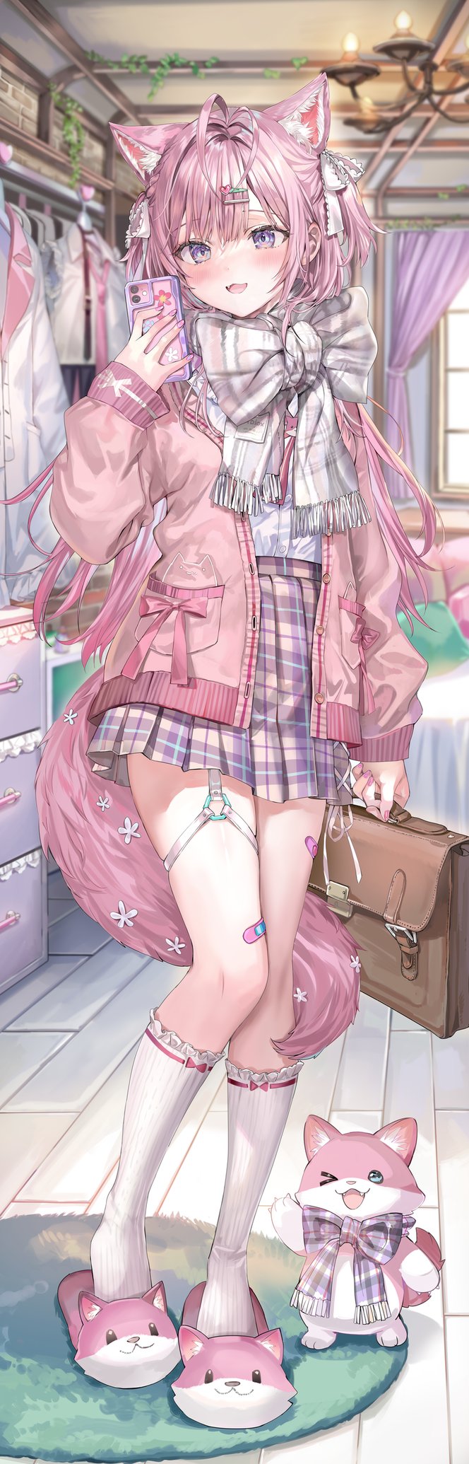 1girl, :3, :d, animal_ear_fluff, animal_ears, antenna_hair, bandaid, bandaid_on_leg