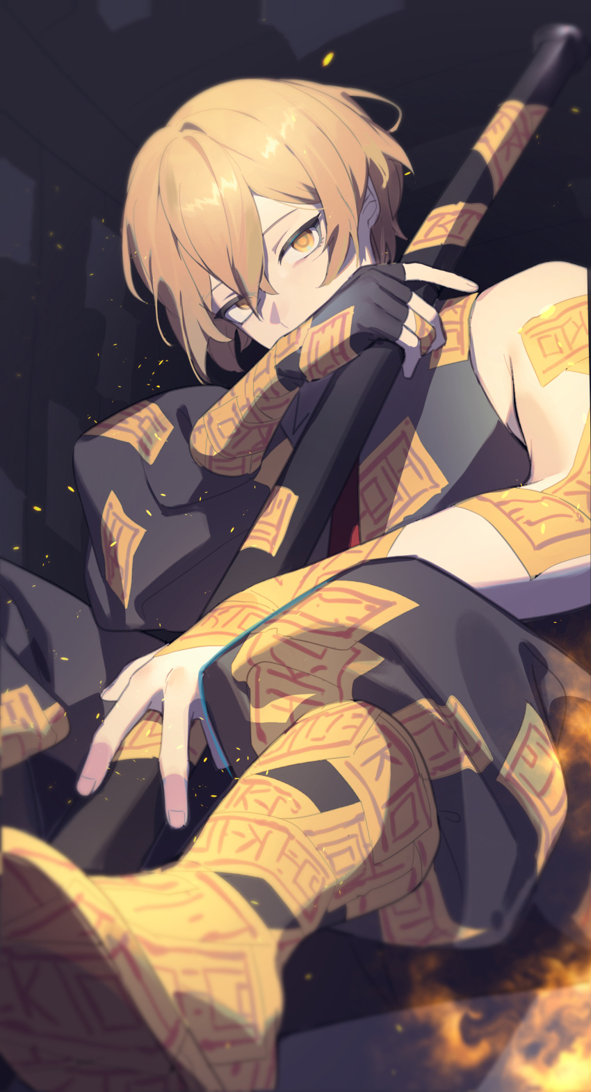 1boy, absurdres, asymmetrical_sleeves, blonde_hair, brown_coat, brown_pants, coat, e.g.o_(project_moon)