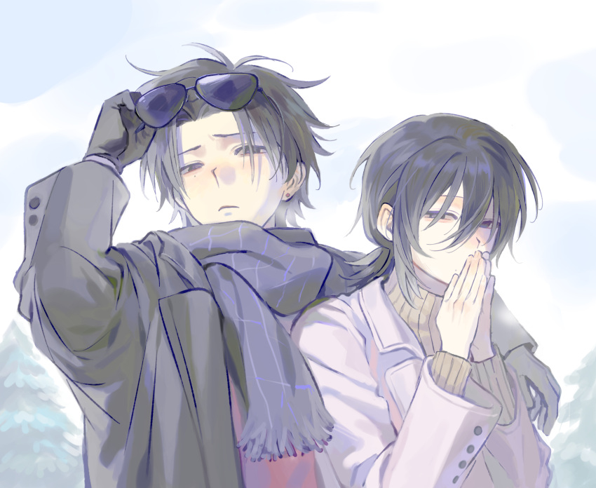 2boys, alternate_costume, black_eyes, black_hair, brown_coat, coat, cold, gloves