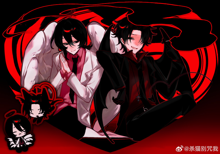 2boys, angel_wings, black_eyes, black_hair, black_necktie, cigarette, closed_mouth, collared_shirt