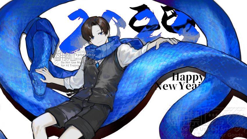 1boy, animal, blue_eyes, blue_gemstone, blue_scarf, blue_snake, brown_hair, chinese_zodiac
