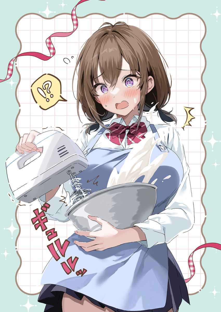 !, !?, 1girl, @_@, apron, black_skirt, blue_apron, bow