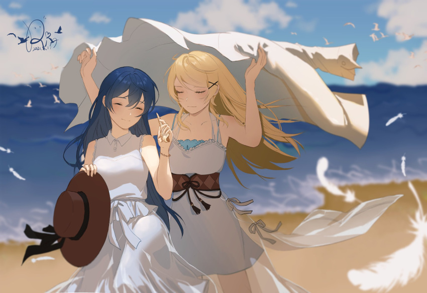 alternate_costume, arms_up, ayase_eli, beach, belt, bird, black_ribbon, blonde_hair