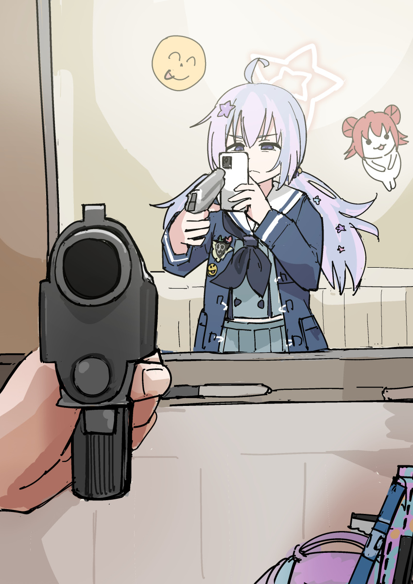 2girls, absurdres, aiming, black_neckerchief, blue_archive, emoji, grey_skirt, gun, hair_ornament, halo, highres, holding, holding_gun, holding_weapon, implied_suicide, katana, looking_at_phone, mirror, mirror_selfie, multiple_girls, neckerchief, phone, pink_bag, pink_halo, pointing, pointing_at_self, reisa_(blue_archive), sailor_collar, skirt, star_(symbol), star_hair_ornament, sword, tenten_(chan4545), weapon, white_sailor_collar