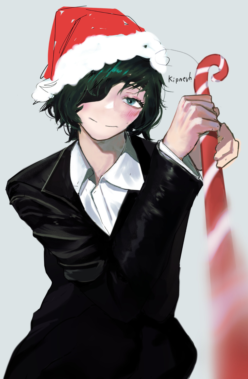 absurdres, artist_name, blue_eyes, candy, candy_cane, chainsaw_man, christmas, eyepatch