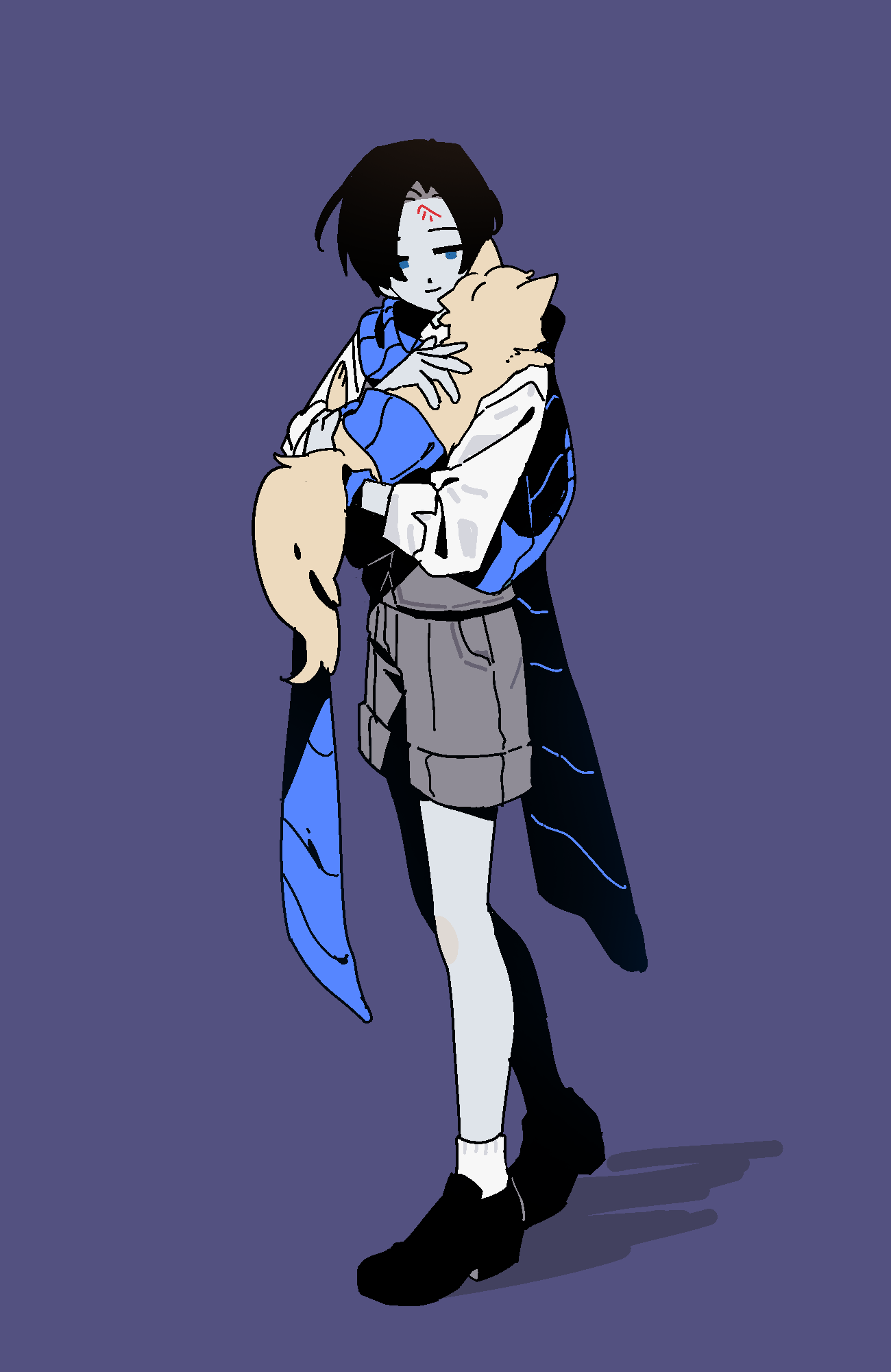1boy, animal, animalization, ankle_socks, black_hair, black_shoes, blue_eyes, blue_scarf