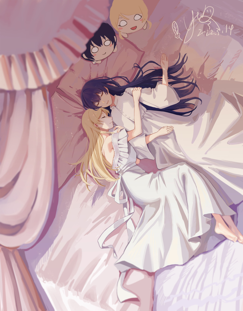 :d, absurdres, ayase_eli, back_bow, barefoot, bed, blank_eyes, blonde_hair