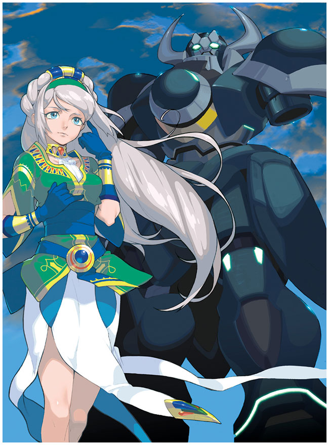 asgard, avril_vent_fleur, belt, blue_eyes, choker, cloud, clouds, dress, fujimoto_hideaki, gloves, green_eyes, hair_ornament, hairband, horns, long_hair, mecha, payot, pointing, sky, smile, tomomi_sasaki, white_hair, wild_arms, wild_arms_5