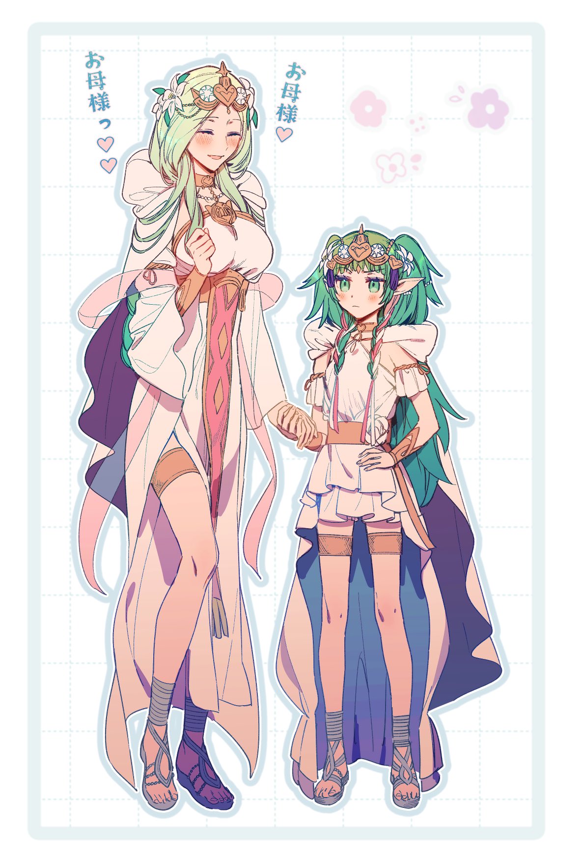 2girls, ^_^, blush, breasts, closed_eyes, commentary_request, dress, fire_emblem