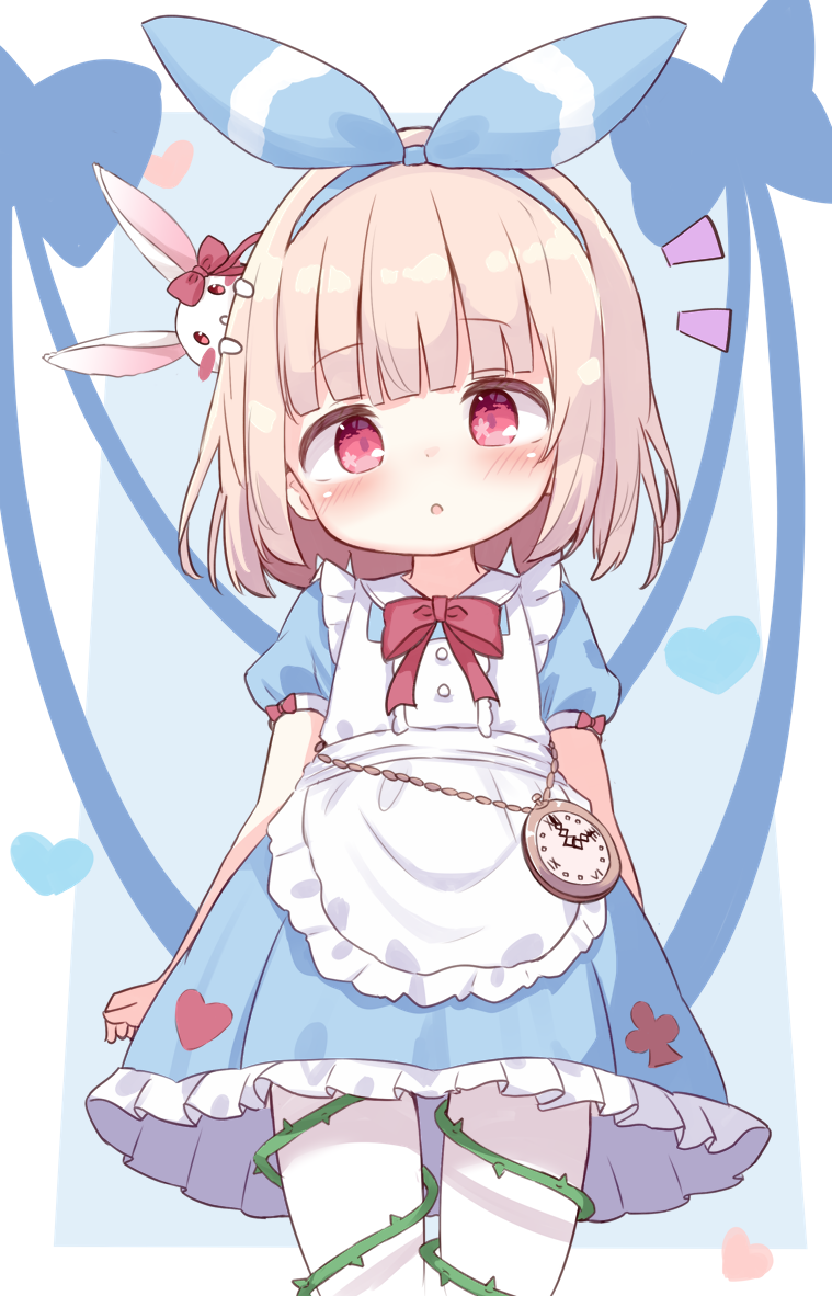 1girl, :o, alice_(alice_in_wonderland), alice_(alice_in_wonderland)_(cosplay), alice_in_wonderland, apron, blonde_hair, blue_background