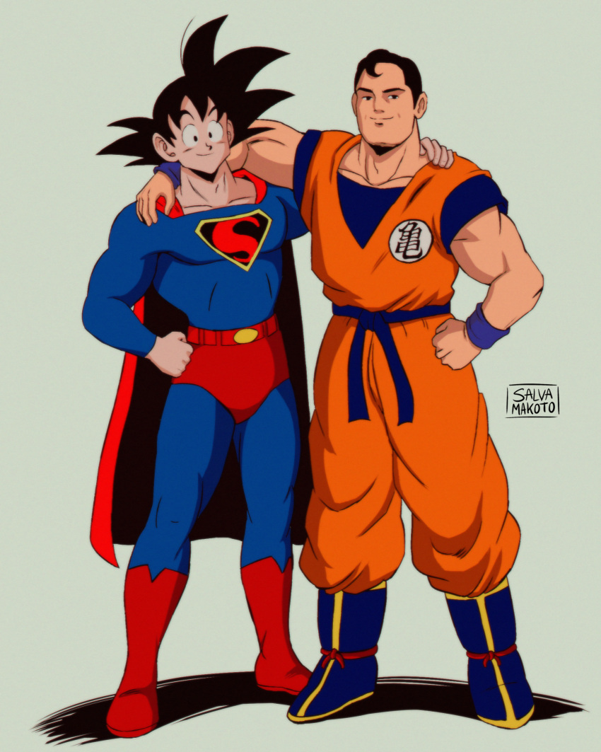 1940s_(style), 1950s_(style), 1990s_(style), 2boys, absurdres, artist_name, belt, black_eyes, black_hair, blue_belt, blue_bodysuit, blue_boots, bodysuit, boots, cape, clark_kent, closed_mouth, collarbone, cosplay, costume_switch, crossover, dc_comics, dougi, dragon_ball, dragon_ball_z, grey_background, hand_on_another's_shoulder, hand_on_own_hip, highres, looking_at_viewer, male_focus, medium_hair, multiple_boys, muscular, muscular_male, orange_dougi, red_cape, retro_artstyle, salvamakoto, shadow, short_hair, simple_background, smile, son_goku, son_goku_(cosplay), spiky_hair, standing, superhero_costume, superman, superman_(cosplay), superman_(series)