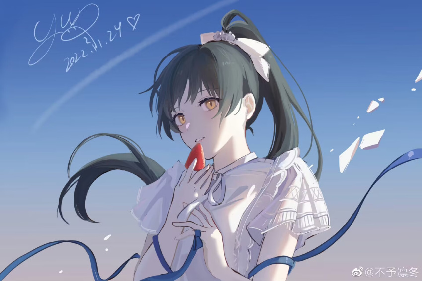 1girl, black_hair, blue_ribbon, blue_sky, blush, contrail, dated, finger_ribbon