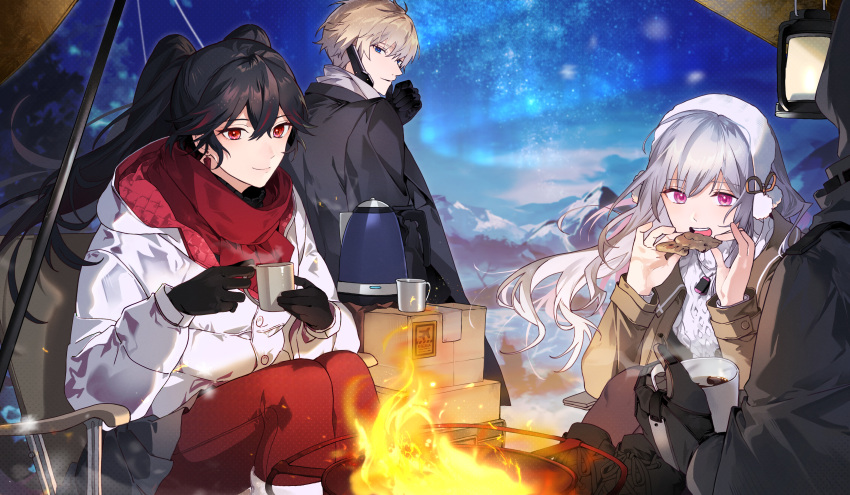 1boy, 1other, 2girls, absurdres, aurora, black_gloves, black_hair, black_jacket