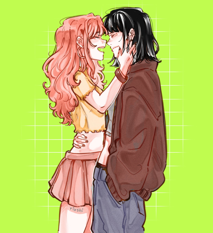 2girls, :d, artist_name, baggy_clothes, black_hair, blue_pants, bracelet, brown_jacket