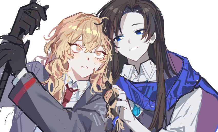 2girls, black_gloves, blonde_hair, blue_eyes, braid, brown_hair, coat, collared_shirt
