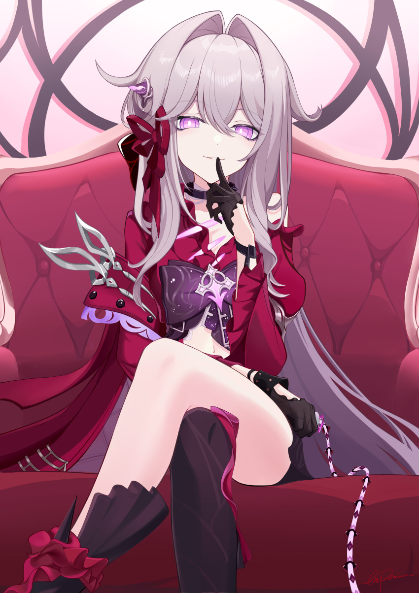 1girl, absurdres, black_choker, black_gloves, black_shorts, boots, bright_pupils, choker, couch, cross_ornament, crossed_legs, dress, explain, finger_to_mouth, gloves, grey_hair, hair_ornament, hair_ribbon, highres, holding, holding_weapon, honkai_(series), honkai_impact_3rd, indoors, long_hair, long_sleeves, looking_at_viewer, naughty_face, navel, on_couch, purple_ribbon, red_couch, red_dress, red_ribbon, ribbon, shorts, shushing, single_bare_leg, single_bare_shoulder, single_leg_pantyhose, sitting, smile, spikes, thelema_nutriscu, thelema_nutriscu_(mad_pleasure:_shadowbringer), thighs, very_long_hair, violet_eyes, weapon, whip_sword, white_pupils, window